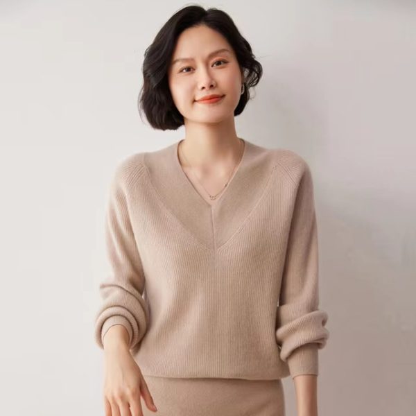 Casual Knit V- Neck Cashmere High Stretch Loose Sweater - Image 5