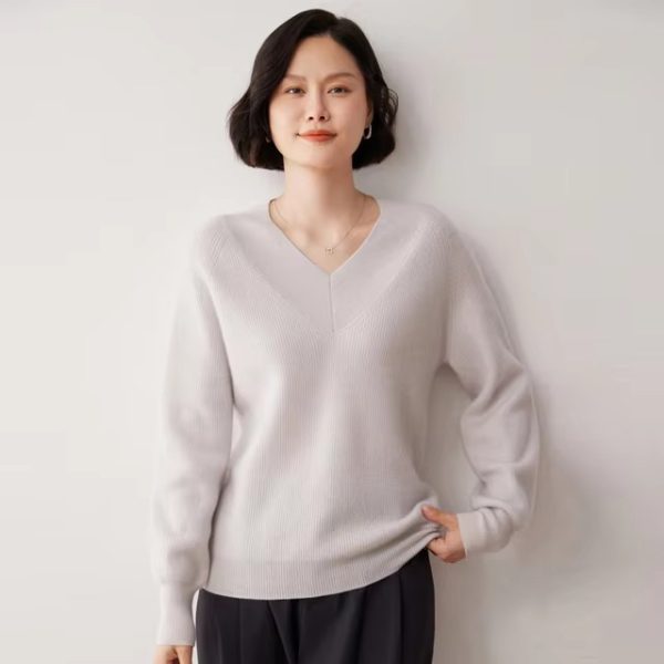 Casual Knit V- Neck Cashmere High Stretch Loose Sweater - Image 3