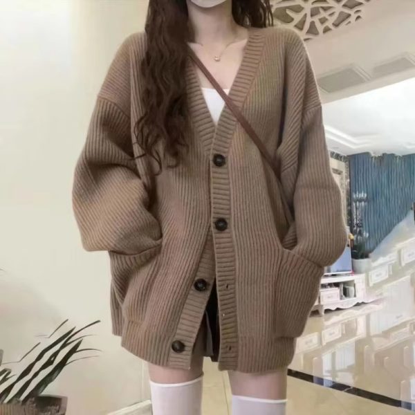 Casual Long Sleeve V-neck Cardigan Loose Knitted Sweater