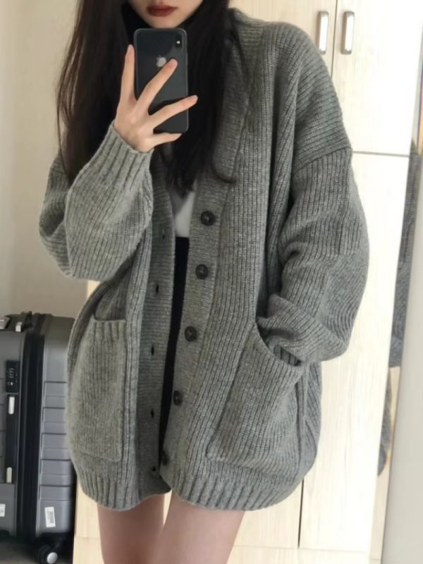 Casual Long Sleeve V-neck Cardigan Loose Knitted Sweater - Image 4