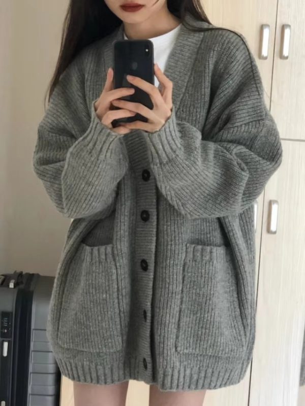 Casual Long Sleeve V-neck Cardigan Loose Knitted Sweater - Image 5