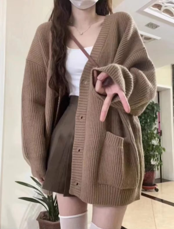 Casual Long Sleeve V-neck Cardigan Loose Knitted Sweater - Image 3