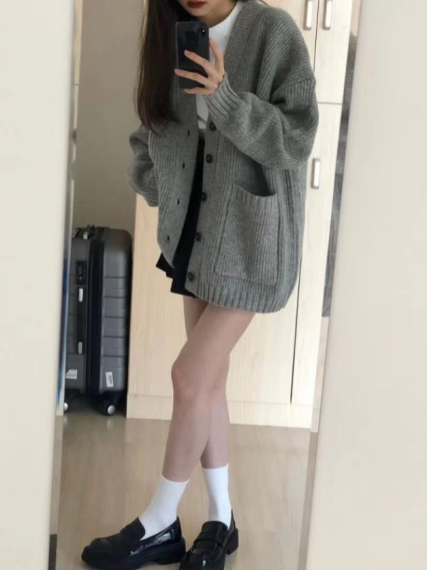 Casual Long Sleeve V-neck Cardigan Loose Knitted Sweater - Image 6