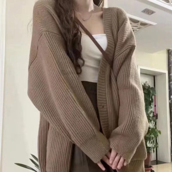 Casual Long Sleeve V-neck Cardigan Loose Knitted Sweater - Image 2