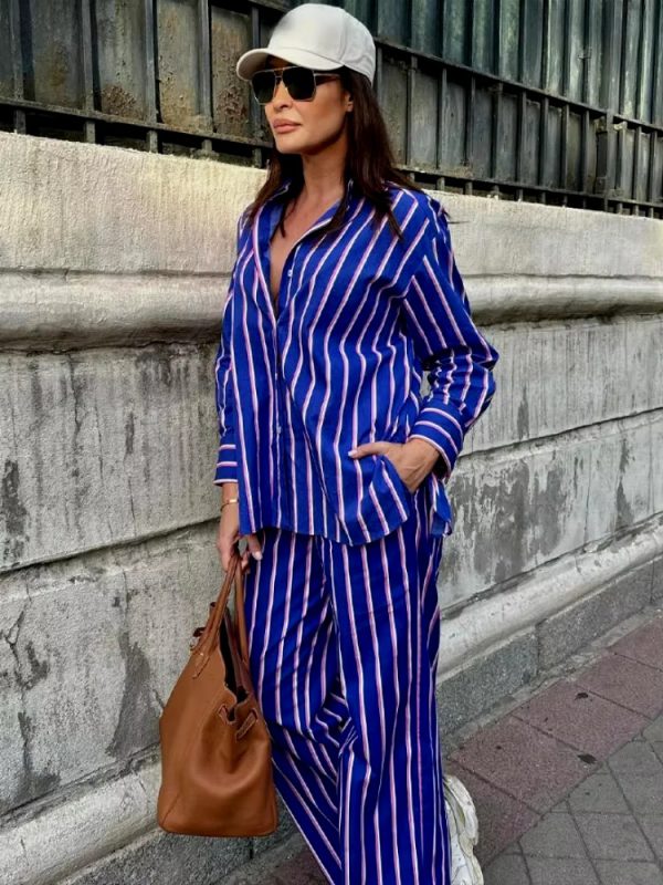 Casual Oversized Striped Shirt Pockets And Pant Two Piece Set - Image 5