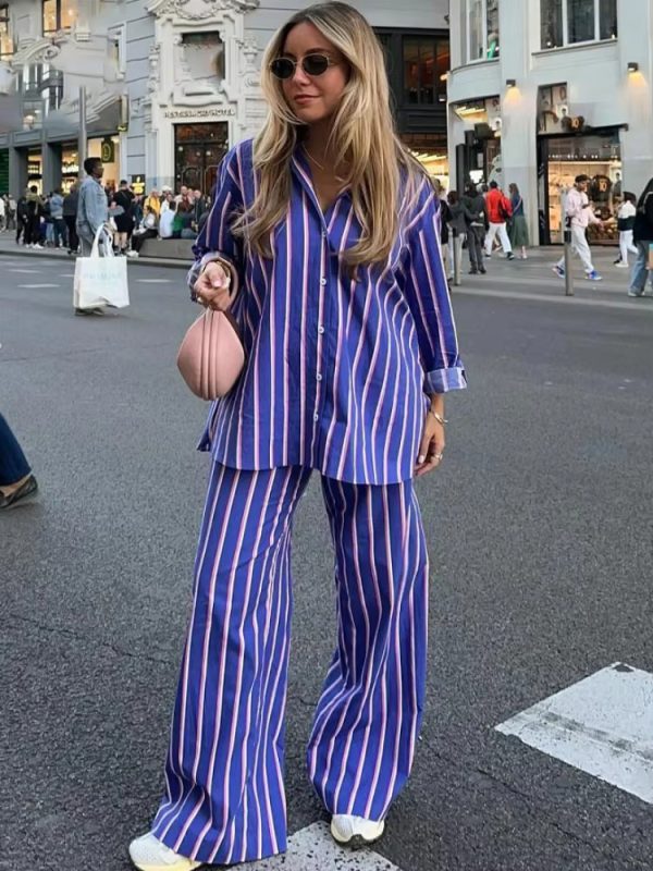 Casual Oversized Striped Shirt Pockets And Pant Two Piece Set