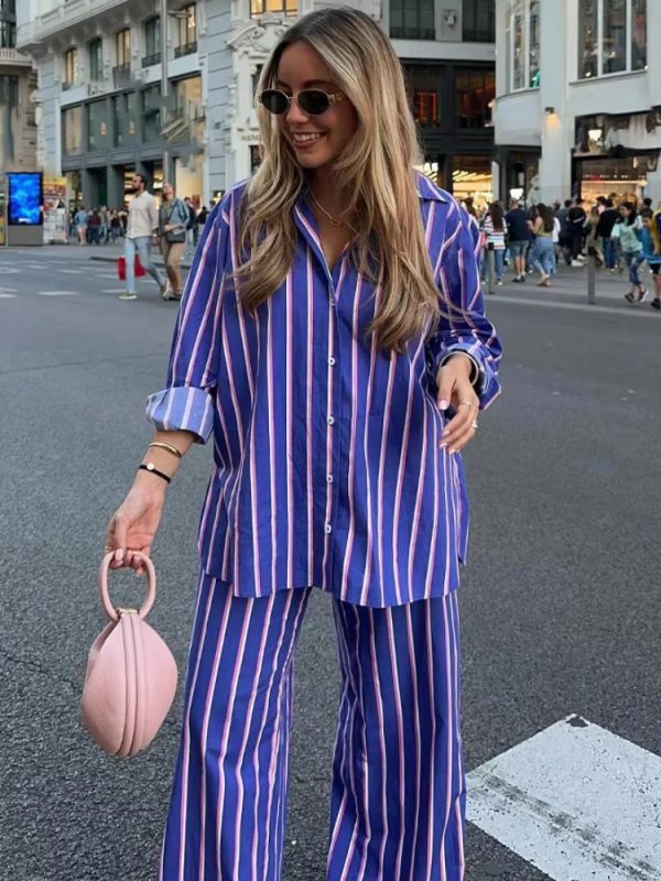 Casual Oversized Striped Shirt Pockets And Pant Two Piece Set - Image 4