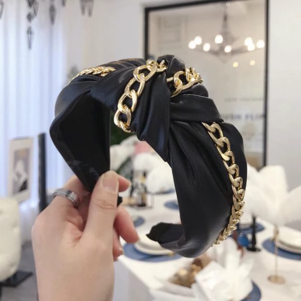 Casual PU Leather Wide Side Shining Gold Chain Headwear Hairband - Image 2