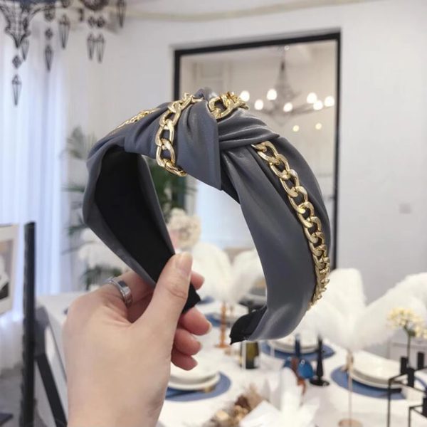 Casual PU Leather Wide Side Shining Gold Chain Headwear Hairband - Image 3