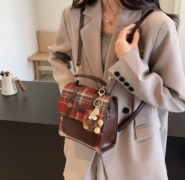 Casual Plaid Small Backpack with Good Guy Pendant Decoration Vintage Hundred Handbag