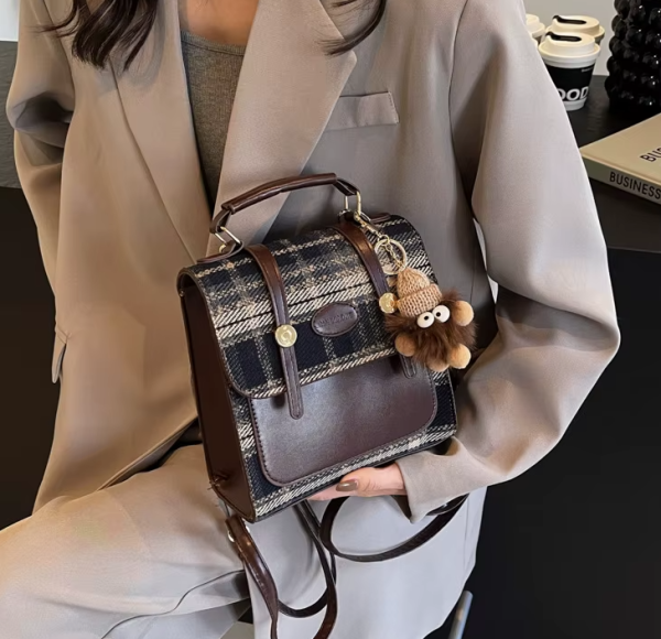 Casual Plaid Small Backpack with Good Guy Pendant Decoration Vintage Hundred Handbag - Image 4