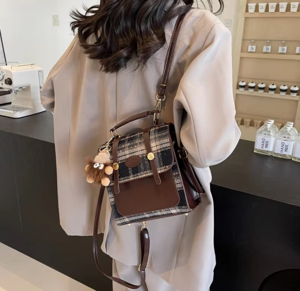 Casual Plaid Small Backpack with Good Guy Pendant Decoration Vintage Hundred Handbag - Image 8