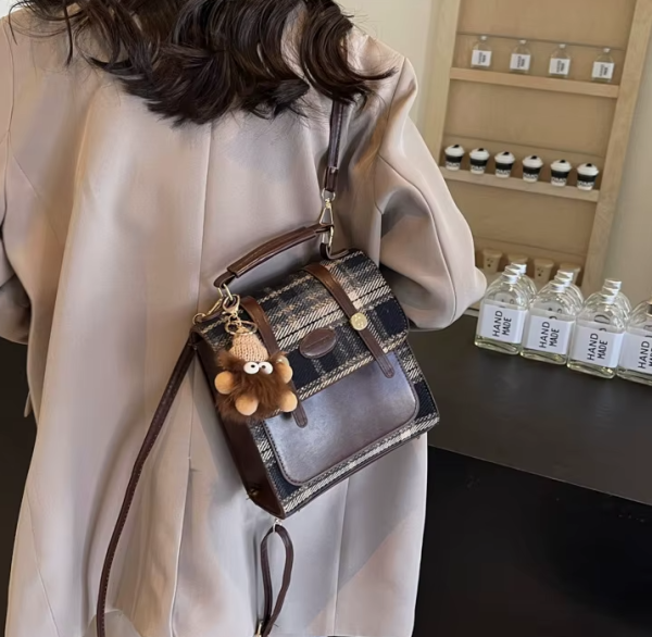 Casual Plaid Small Backpack with Good Guy Pendant Decoration Vintage Hundred Handbag - Image 9