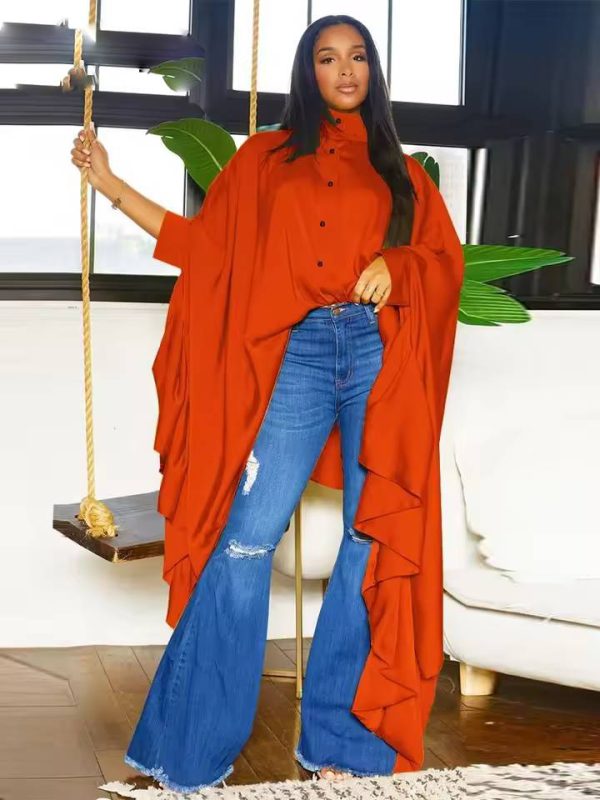 Casual Pleated Long Sleeve Cape Bat Plus Size Top