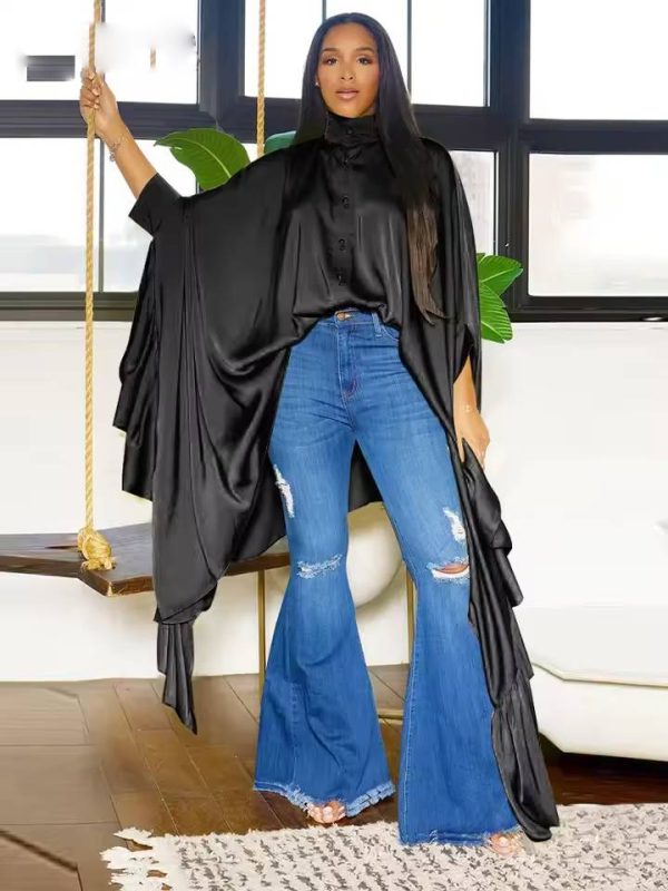 Casual Pleated Long Sleeve Cape Bat Plus Size Top - Image 4