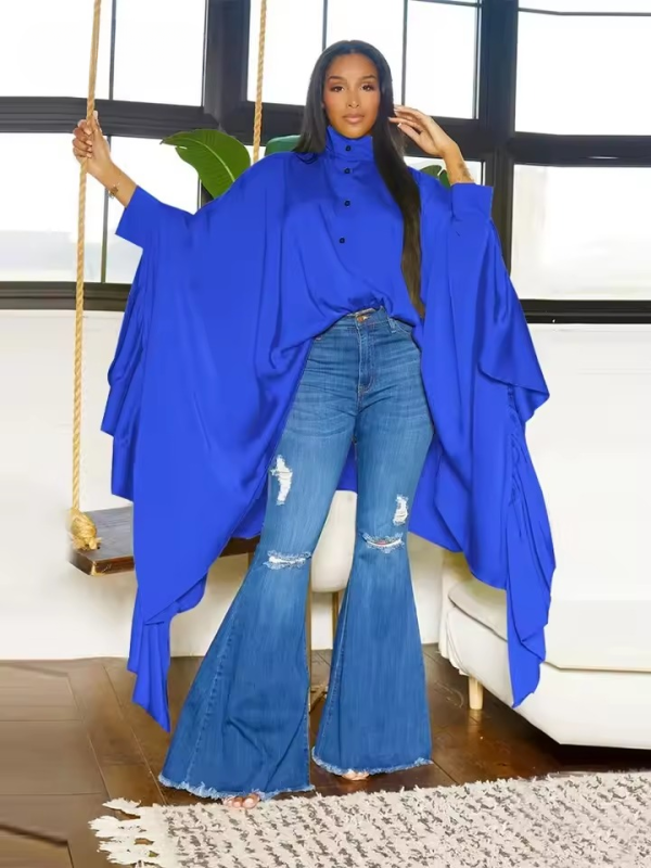 Casual Pleated Long Sleeve Cape Bat Plus Size Top - Image 2