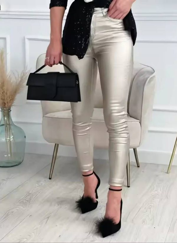 Casual Shinny Button Zipper Trousers Elastic WaistPencil Pants - Image 2