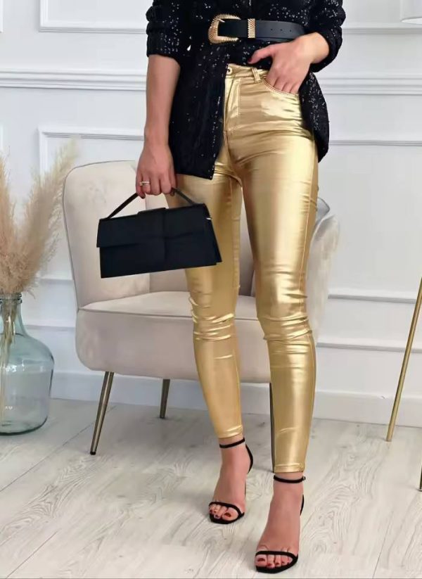 Casual Shinny Button Zipper Trousers Elastic WaistPencil Pants