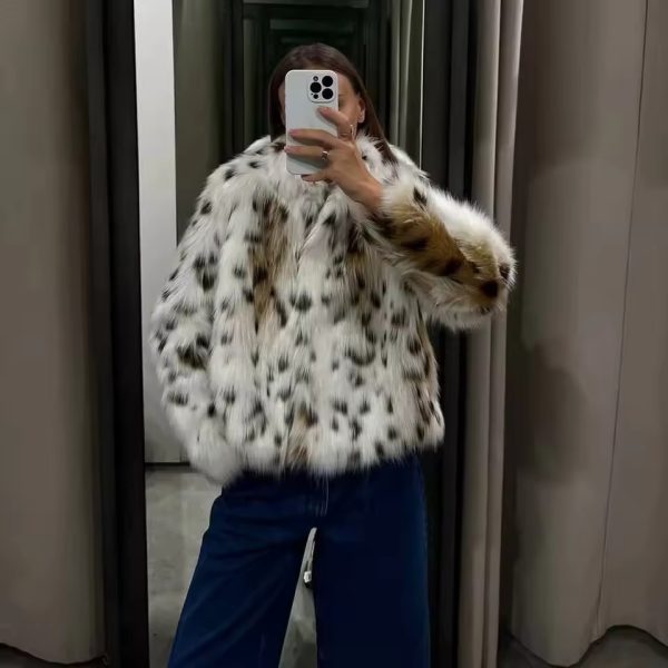 Casual Single Breasted Long Sleeve Leopard Loose Feather Jackets