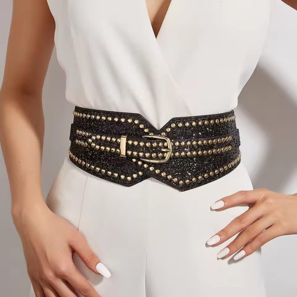 Casual Solid Elastic rubber waist seal with sequined rivets Belts - Image 2