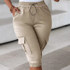 Casual Solid Lace Up Regular Slim Fit Elastic Waist Calf Length Pant