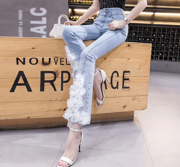 Casual Split Beading High Waist Three-dimensional Flower Stretch Denim Flared Pants - Image 6