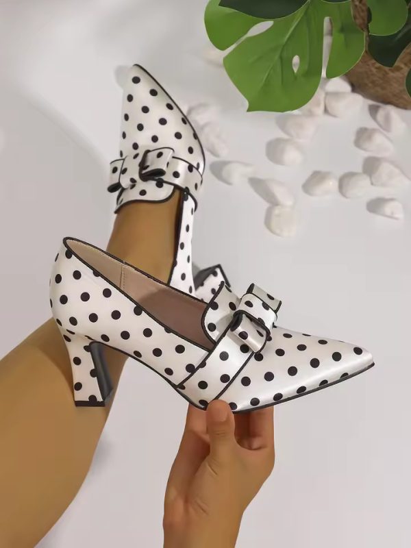 Chic Polka Dot Bowknot Pumps Pointed Toe High Heels with Chunky heels