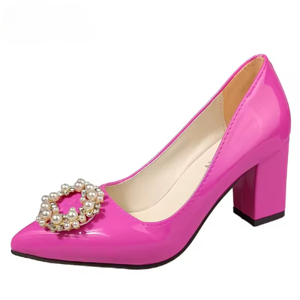 Pearl Crystals Buckle Patent Leather Pumps Officile Pointed Toe Square Heel Shoes - Image 4