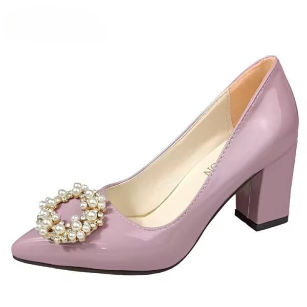 Pearl Crystals Buckle Patent Leather Pumps Officile Pointed Toe Square Heel Shoes - Image 10