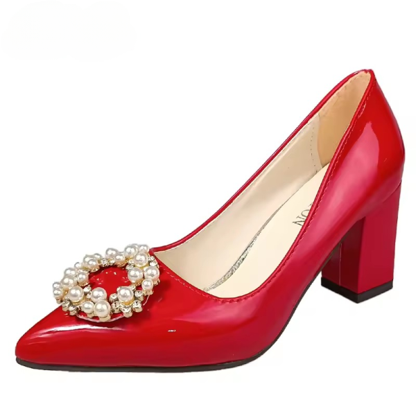 Pearl Crystals Buckle Patent Leather Pumps Officile Pointed Toe Square Heel Shoes - Image 6