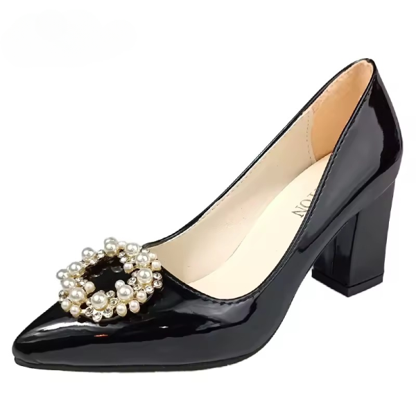 Pearl Crystals Buckle Patent Leather Pumps Officile Pointed Toe Square Heel Shoes - Image 8