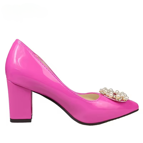 Pearl Crystals Buckle Patent Leather Pumps Officile Pointed Toe Square Heel Shoes - Image 5