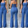 Denim Solid Sleeveless Halter Wide Leg Long Pants Overalls Slim Fit High Waist One Piece Jumpsuits - Image 3