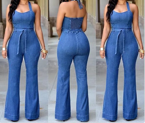 Denim Solid Sleeveless Halter Wide Leg Long Pants Overalls Slim Fit High Waist One Piece Jumpsuits - Image 3