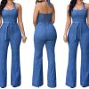 Denim Solid Sleeveless Halter Wide Leg Long Pants Overalls Slim Fit High Waist One Piece Jumpsuits - Image 5