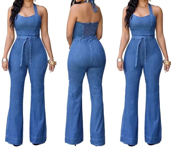 Denim Solid Sleeveless Halter Wide Leg Long Pants Overalls Slim Fit High Waist One Piece Jumpsuits - Image 5