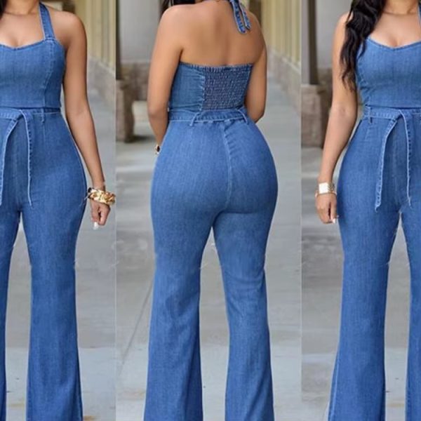 Denim Solid Sleeveless Halter Wide Leg Long Pants Overalls Slim Fit High Waist One Piece Jumpsuits - Image 4