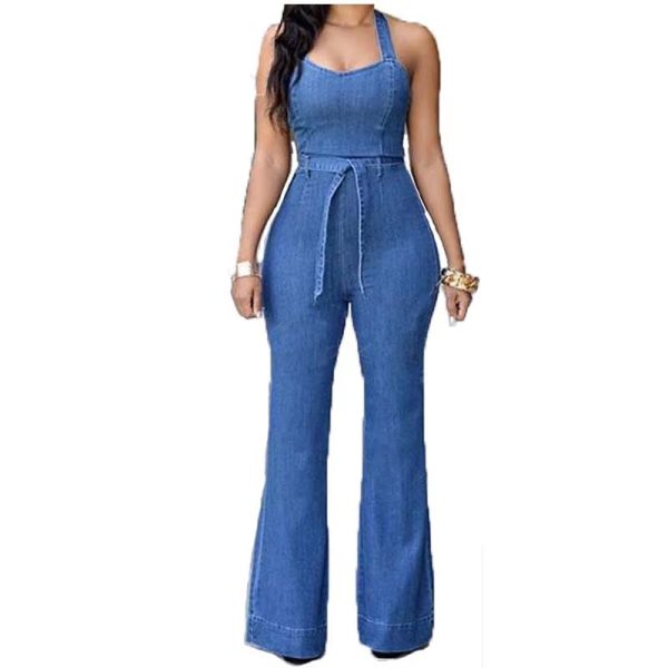 Denim Solid Sleeveless Halter Wide Leg Long Pants Overalls Slim Fit High Waist One Piece Jumpsuits