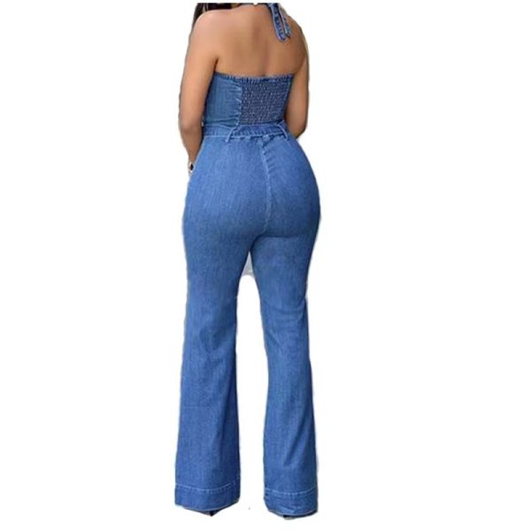 Denim Solid Sleeveless Halter Wide Leg Long Pants Overalls Slim Fit High Waist One Piece Jumpsuits - Image 2