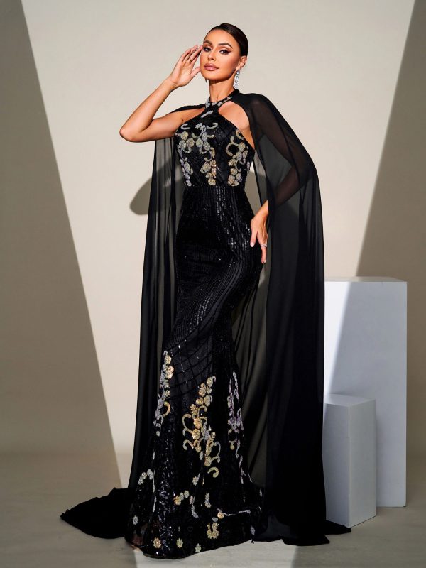 Elegant Cape Shawl Mesh Sequin Mermaid Evening Gown Wedding Birthday Chic Dress