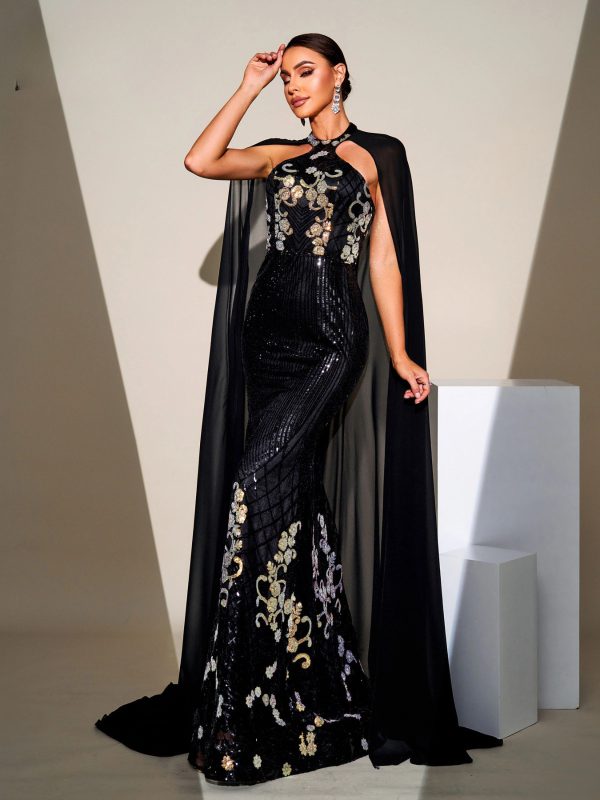 Elegant Cape Shawl Mesh Sequin Mermaid Evening Gown Wedding Birthday Chic Dress - Image 4