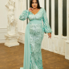 Elegant Draping V-Neck Sage Sequin Plus Size Maxi Dress - Image 2