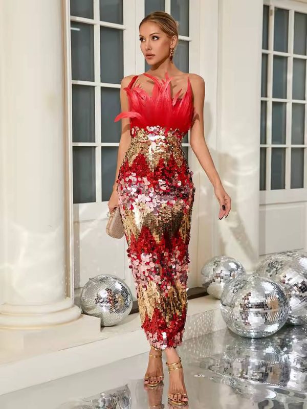 Elegant Empire Zipper Strapless Feather Sequins Maxi Dress - Image 2