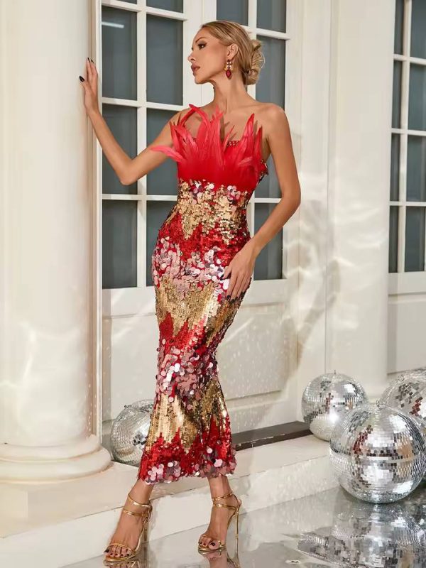 Elegant Empire Zipper Strapless Feather Sequins Maxi Dress - Image 3