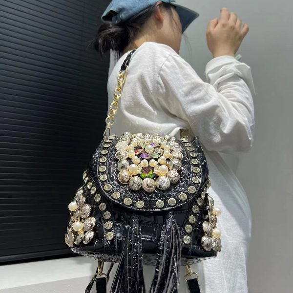 Elegant Beaded Light Luxury Backpack Crossbody Diamond Handbag - Image 2