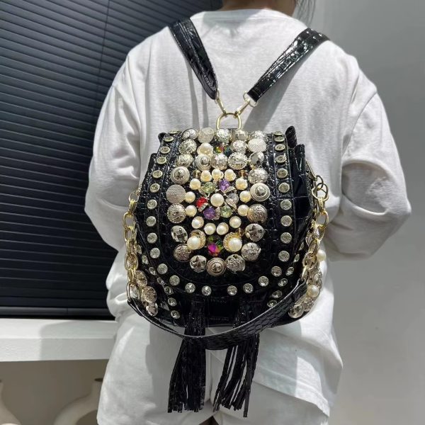 Elegant Beaded Light Luxury Backpack Crossbody Diamond Handbag - Image 6