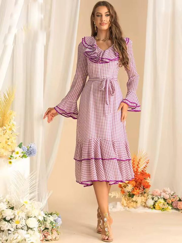 Elegant Flare Sleeved Ruffles Lace Up Slim Plaid Midi Dress - Image 2