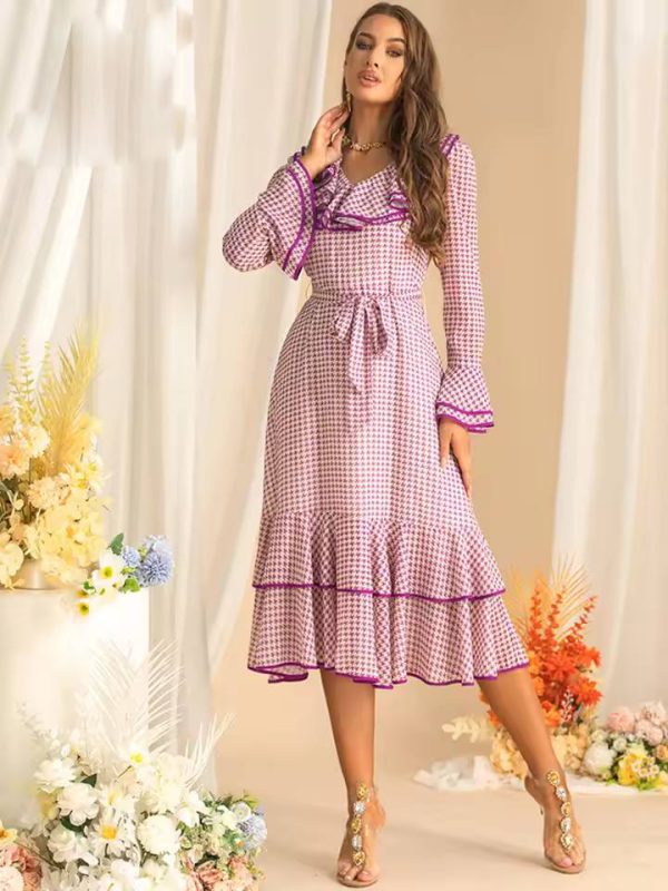 Elegant Flare Sleeved Ruffles Lace Up Slim Plaid Midi Dress - Image 5