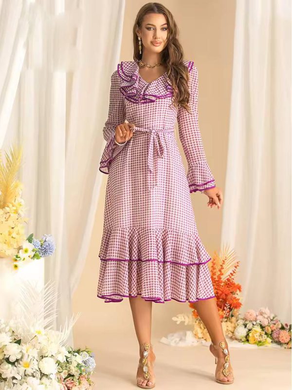 Elegant Flare Sleeved Ruffles Lace Up Slim Plaid Midi Dress - Image 3