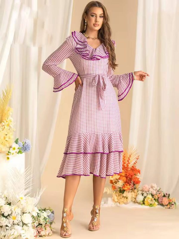 Elegant Flare Sleeved Ruffles Lace Up Slim Plaid Midi Dress